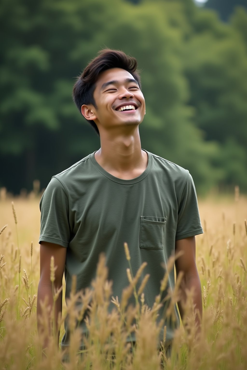 man outside in nature in forest or jungle or a field of wheat enjoying the natural world