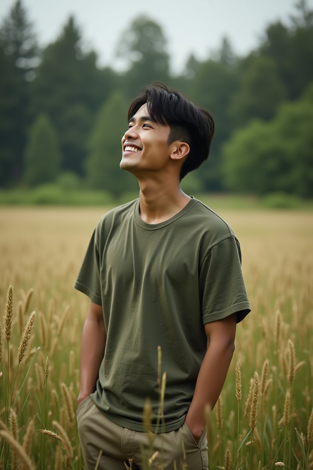 man outside in nature in forest or jungle or a field of wheat enjoying the natural world