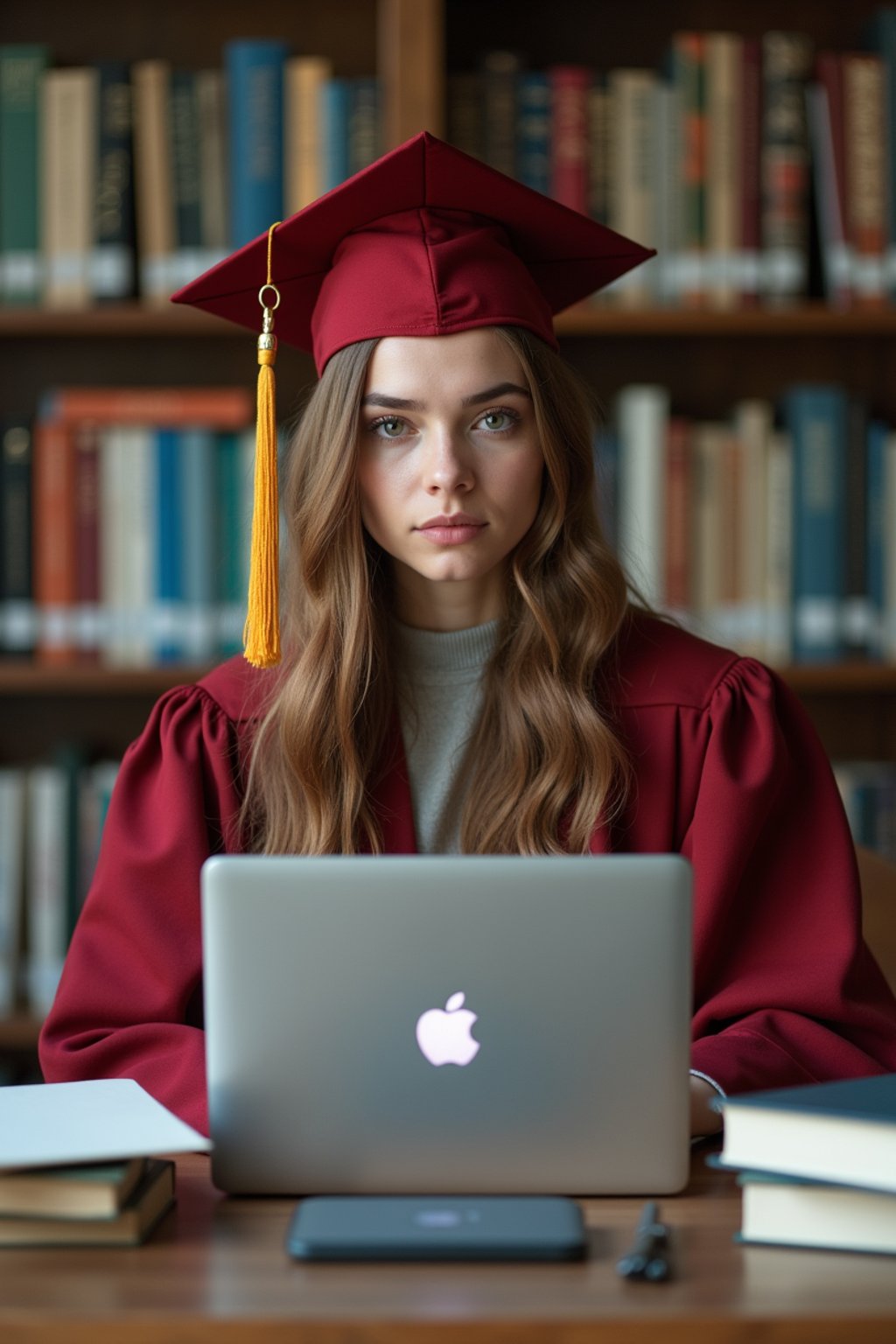 a graduate woman surrounded by books and a laptop in unversity