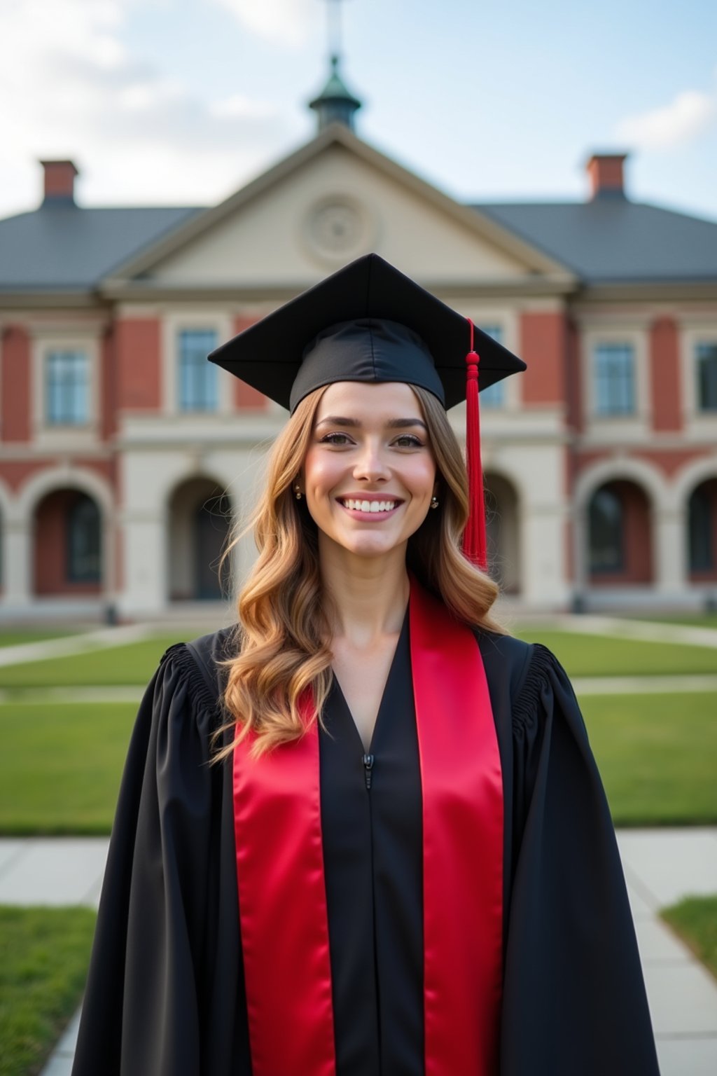 a graduate woman in their academic regalia, standing in front of their university building