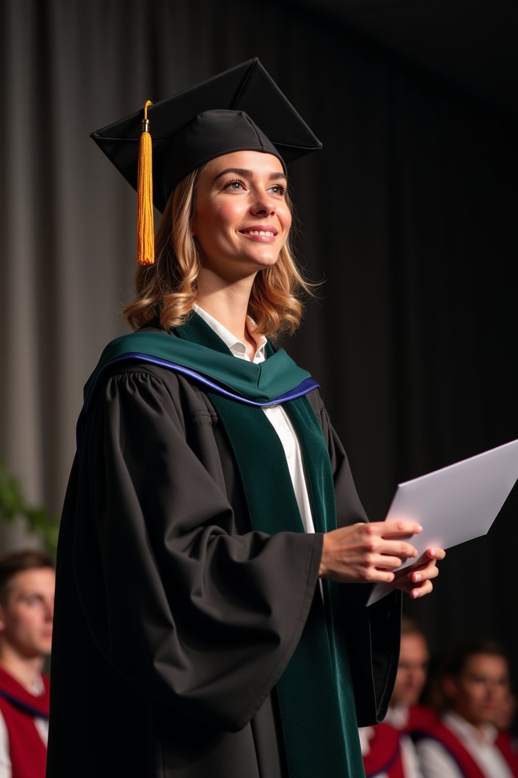 a graduate woman in their academic gown at stage to receive their diploma