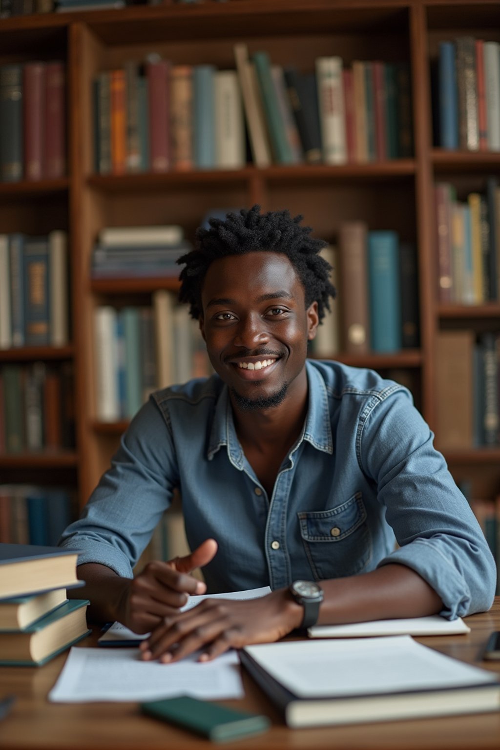 a graduate man surrounded by books and a laptop in unversity