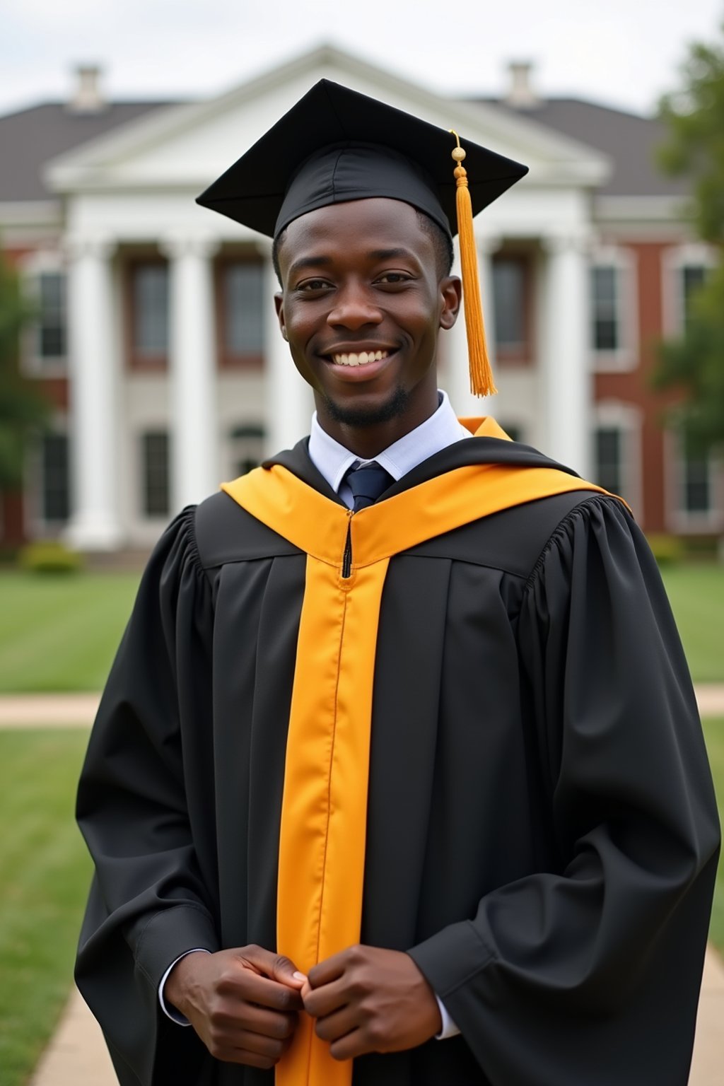 a graduate man in their academic regalia, standing in front of their university building