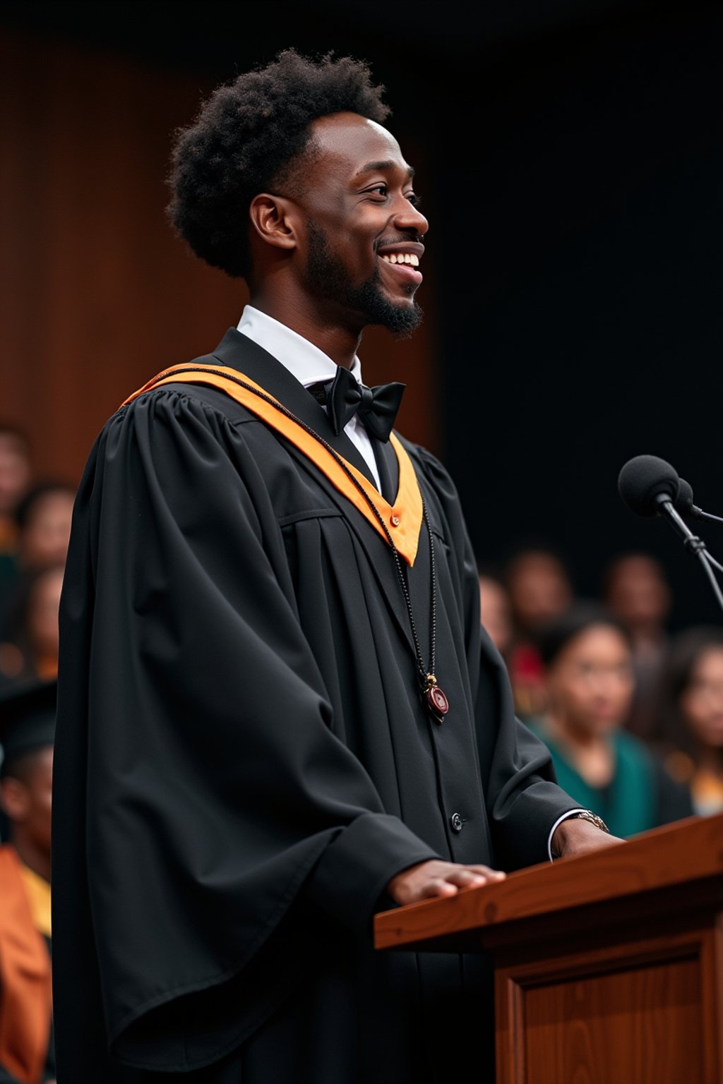 a graduate man in their academic gown at stage to receive their diploma