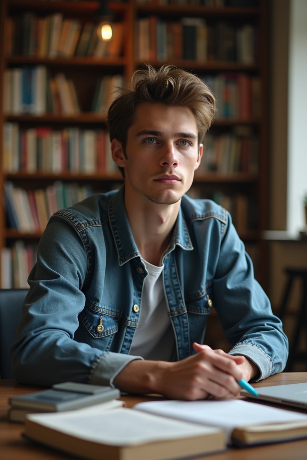 a graduate man surrounded by books and a laptop in unversity