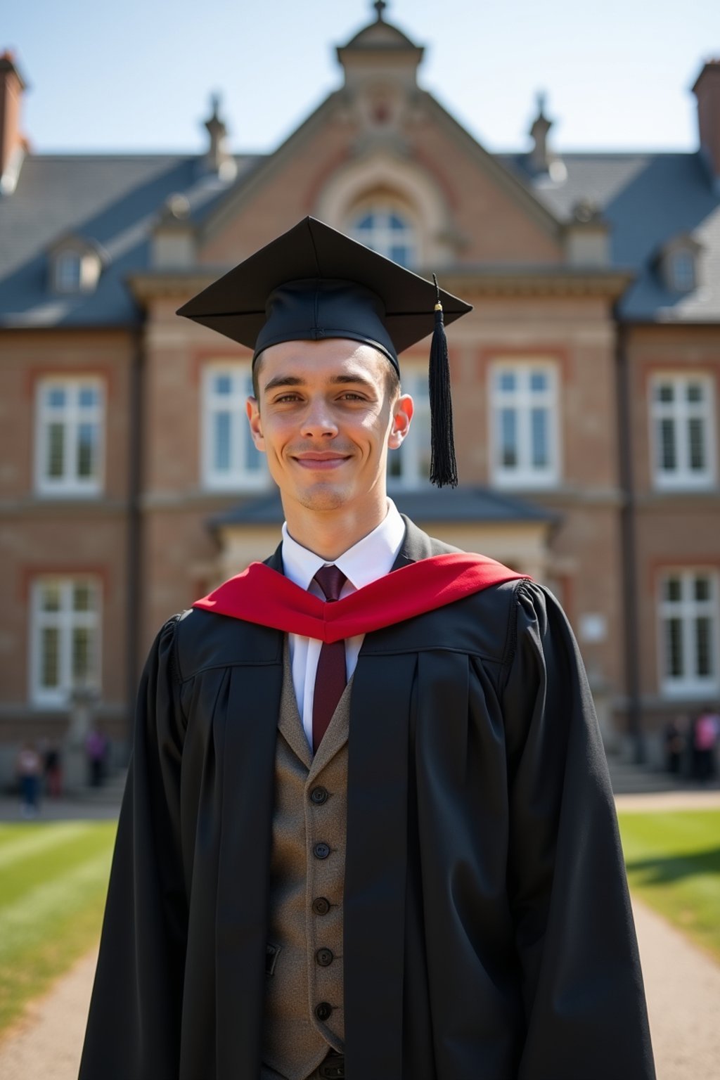 a graduate man in their academic regalia, standing in front of their university building