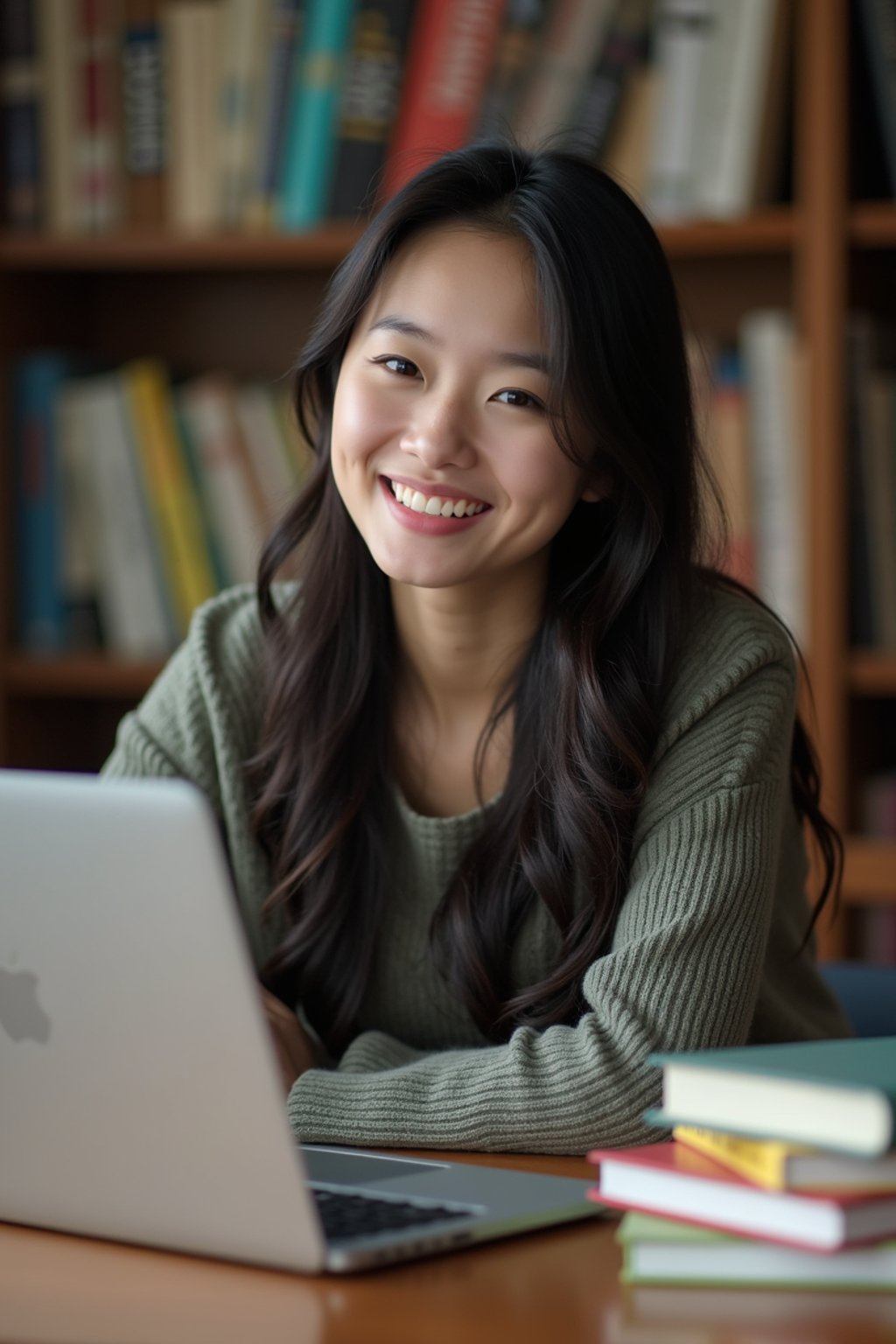 a graduate woman surrounded by books and a laptop in unversity