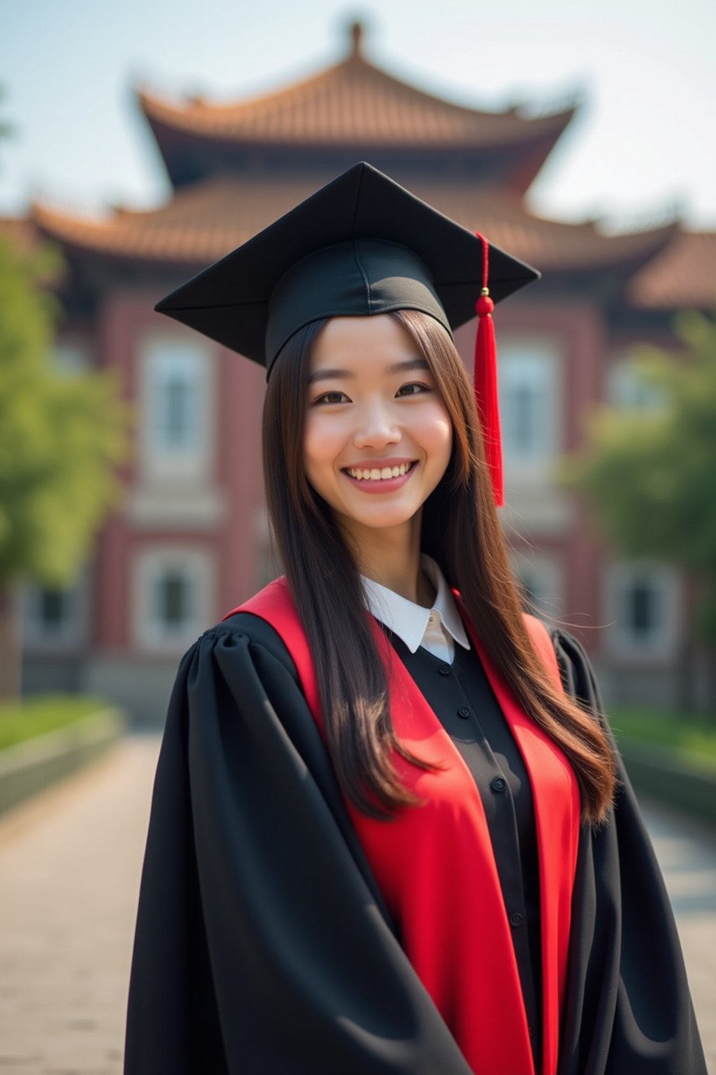 a graduate woman in their academic regalia, standing in front of their university building