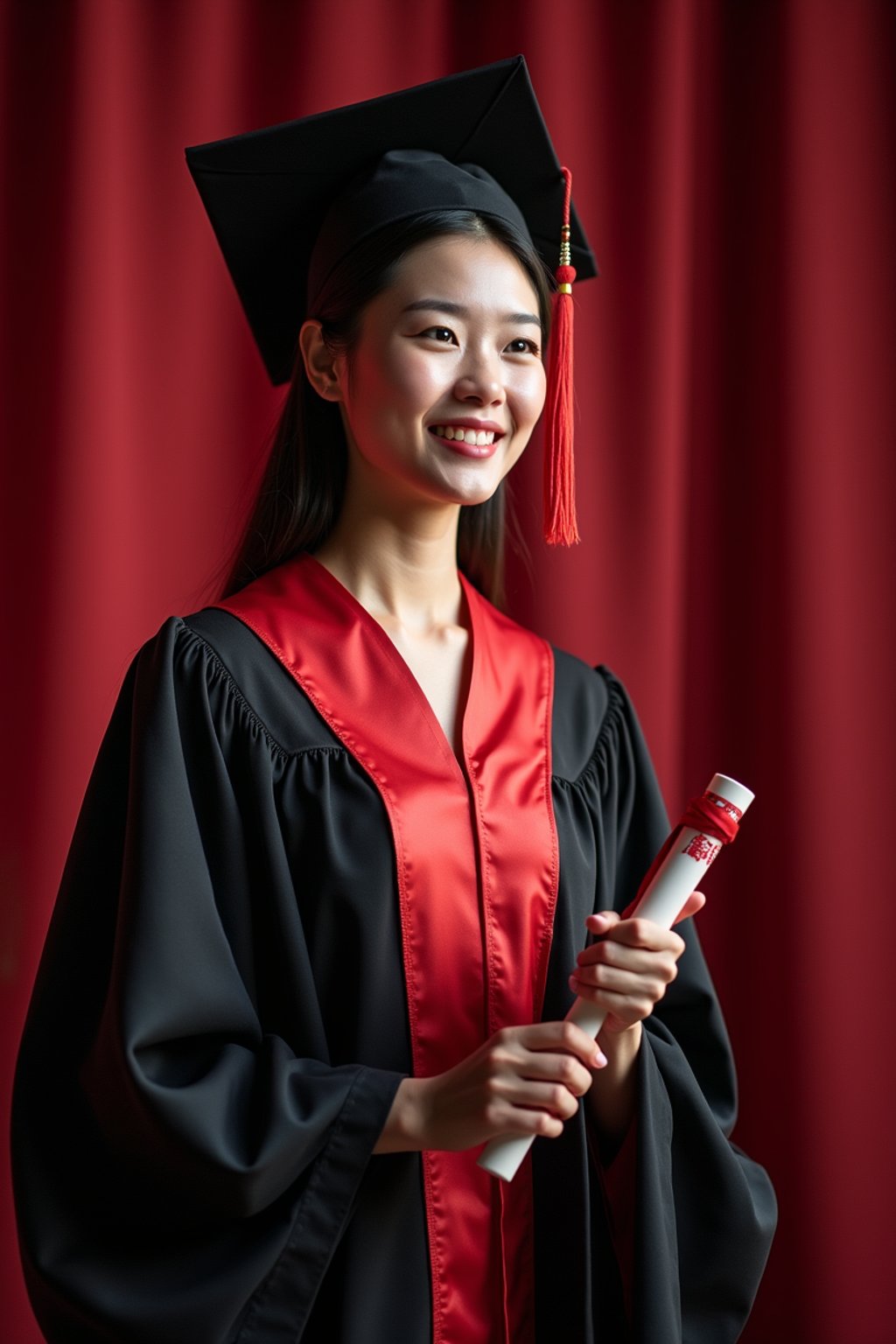 a graduate woman in their academic gown at stage to receive their diploma