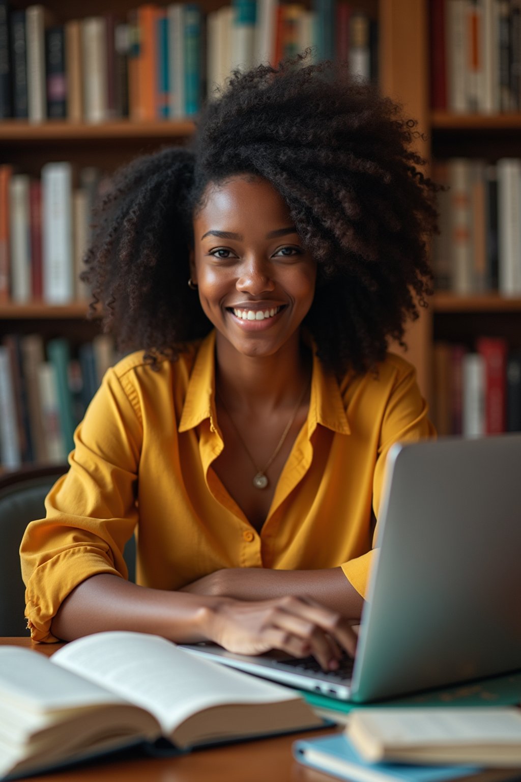 a graduate woman surrounded by books and a laptop in unversity