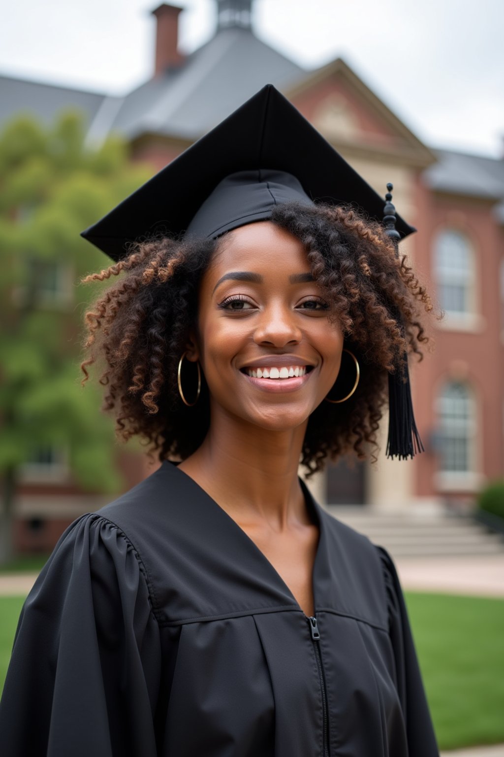 a graduate woman in their academic regalia, standing in front of their university building