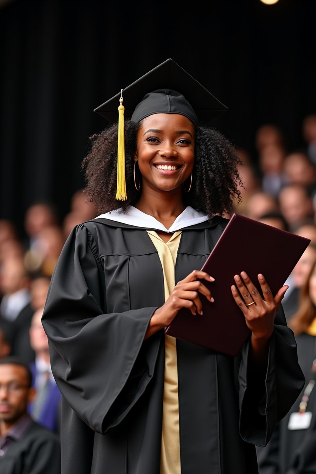 a graduate woman in their academic gown at stage to receive their diploma