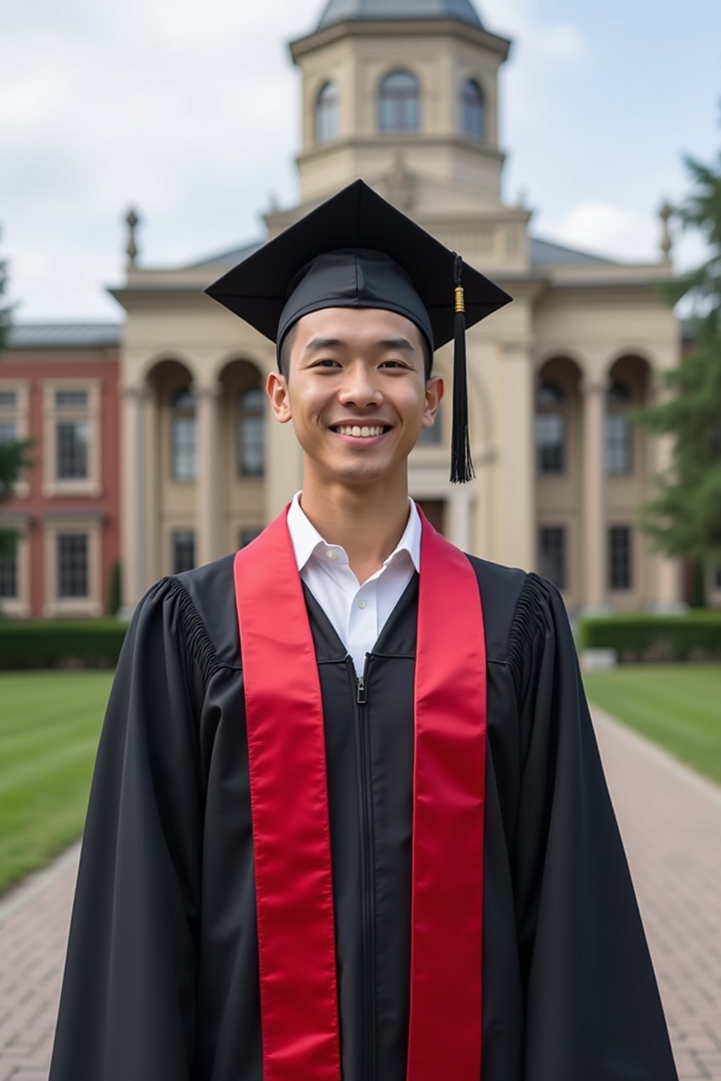 a graduate man in their academic regalia, standing in front of their university building