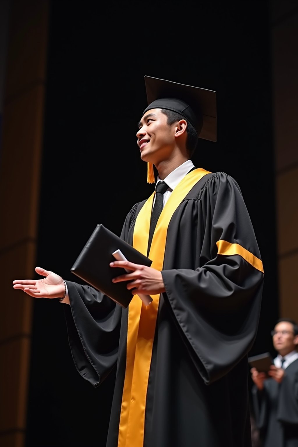 a graduate man in their academic gown at stage to receive their diploma