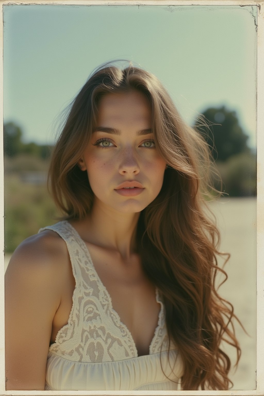 woman in polaroid classic photograph posing for photo outside