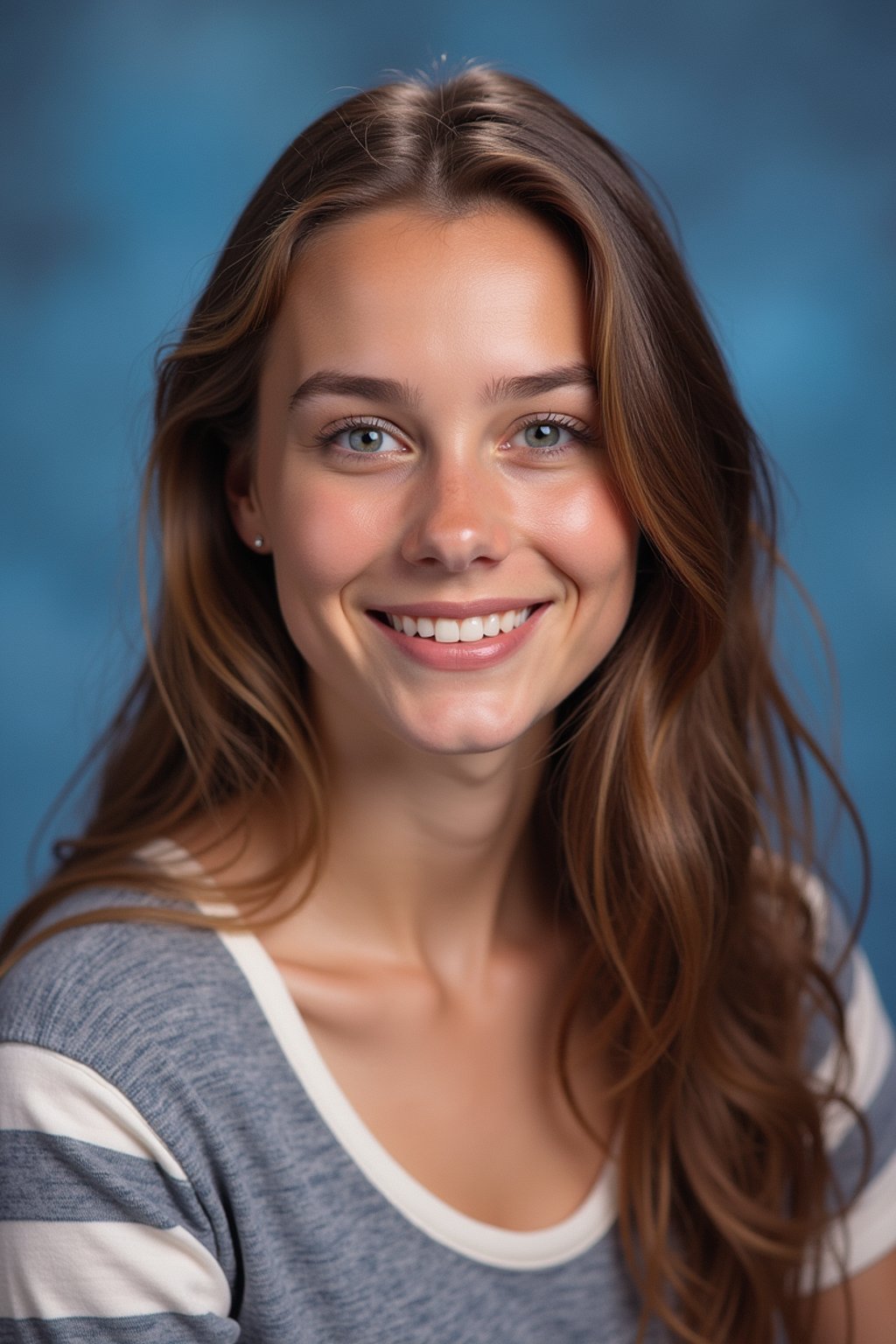 (school portrait) photo headshot of a young 18 y o woman in 1990s style, nineties style, 90s, 1990s fashion, 1990s hair, school, woman is sitting and posing for a (yearbook) picture, blue yearbook background, official school yearbook photo, woman sitting (looking straight into camera), (school shoot), (inside), blue yearbook background