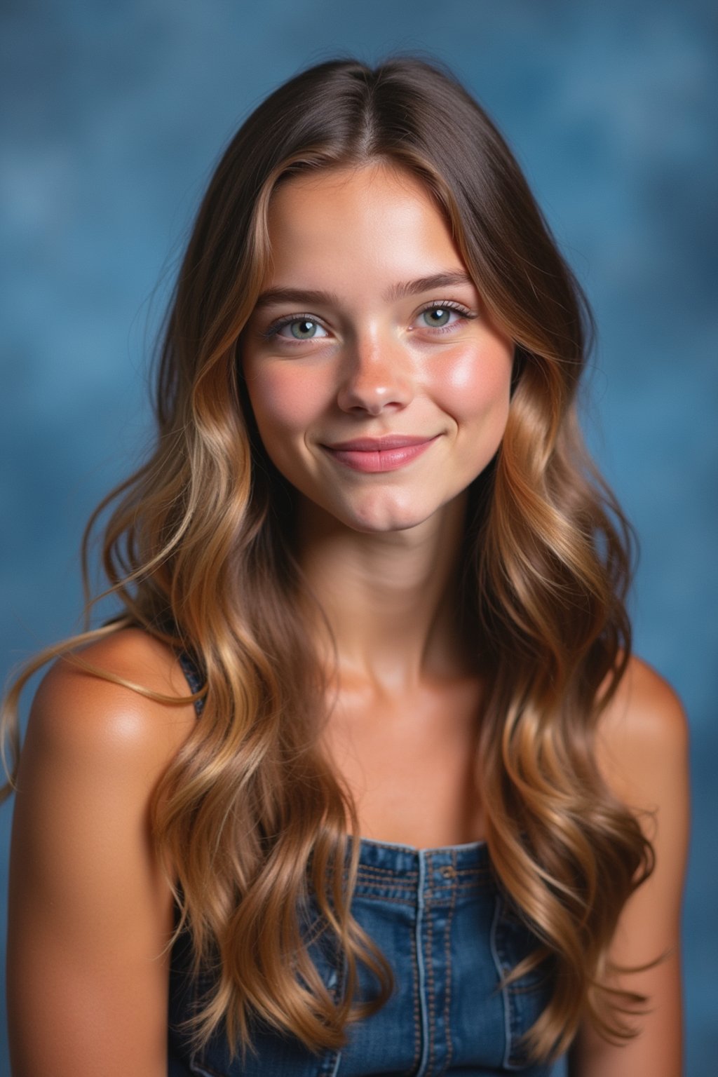 (school portrait) photo headshot of a young 18 y o woman in 1990s style, nineties style, 90s, 1990s fashion, 1990s hair, school, woman is sitting and posing for a (yearbook) picture, blue yearbook background, official school yearbook photo, woman sitting (looking straight into camera), (school shoot), (inside), blue yearbook background