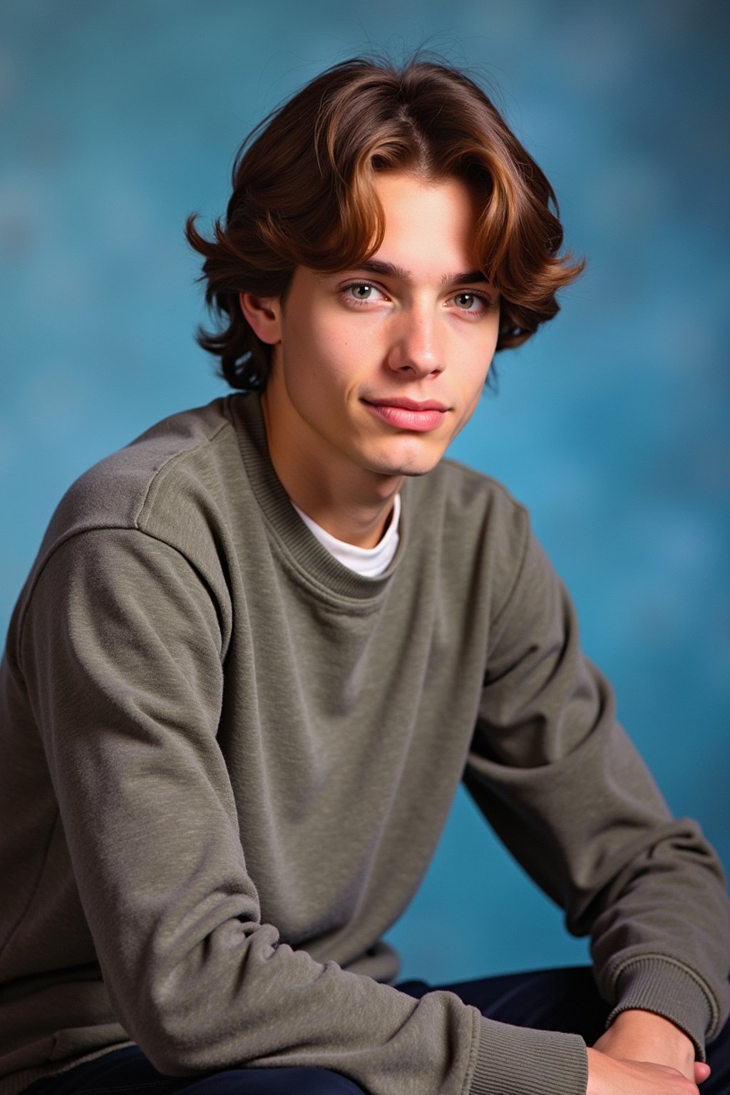 (school portrait) photo headshot of a young 18 y o man in 1990s style, nineties style, 90s, 1990s fashion, 1990s hair, school, man is sitting and posing for a (yearbook) picture, blue yearbook background, official school yearbook photo, man sitting (looking straight into camera), (school shoot), (inside), blue yearbook background