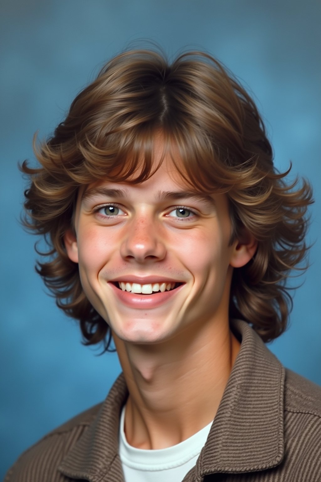 (school portrait) photo headshot of a young 18 y o man in 1990s style, nineties style, 90s, 1990s fashion, 1990s hair, school, man is sitting and posing for a (yearbook) picture, blue yearbook background, official school yearbook photo, man sitting (looking straight into camera), (school shoot), (inside), blue yearbook background