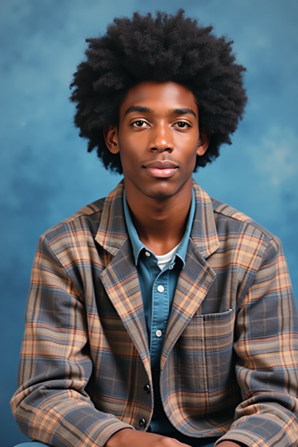 (school portrait) photo headshot of a young 18 y o man in 1990s style, nineties style, 90s, 1990s fashion, 1990s hair, school, man is sitting and posing for a (yearbook) picture, blue yearbook background, official school yearbook photo, man sitting (looking straight into camera), (school shoot), (inside), blue yearbook background