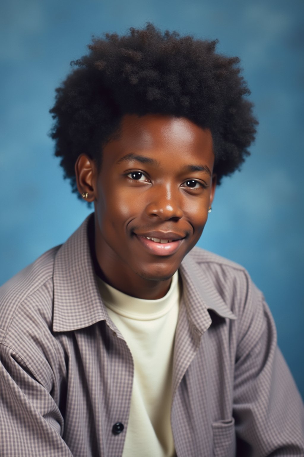 (school portrait) photo headshot of a young 18 y o man in 1990s style, nineties style, 90s, 1990s fashion, 1990s hair, school, man is sitting and posing for a (yearbook) picture, blue yearbook background, official school yearbook photo, man sitting (looking straight into camera), (school shoot), (inside), blue yearbook background