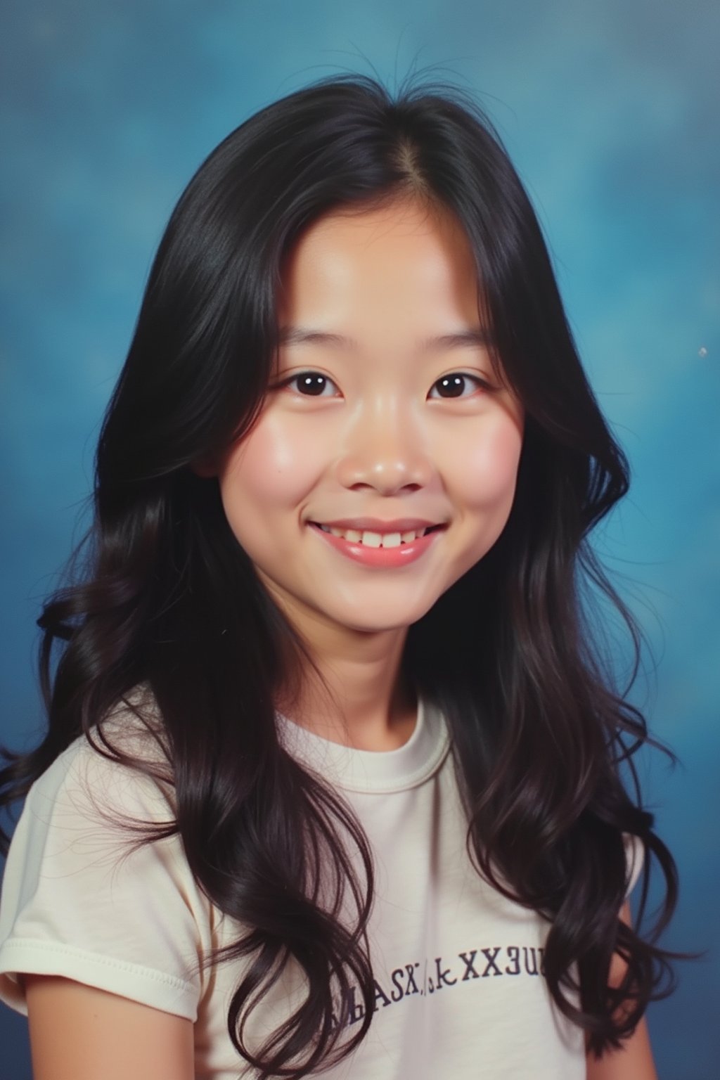 (school portrait) photo headshot of a young 18 y o woman in 1990s style, nineties style, 90s, 1990s fashion, 1990s hair, school, woman is sitting and posing for a (yearbook) picture, blue yearbook background, official school yearbook photo, woman sitting (looking straight into camera), (school shoot), (inside), blue yearbook background