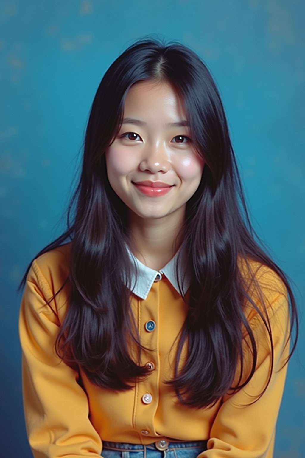 (school portrait) photo headshot of a young 18 y o woman in 1990s style, nineties style, 90s, 1990s fashion, 1990s hair, school, woman is sitting and posing for a (yearbook) picture, blue yearbook background, official school yearbook photo, woman sitting (looking straight into camera), (school shoot), (inside), blue yearbook background