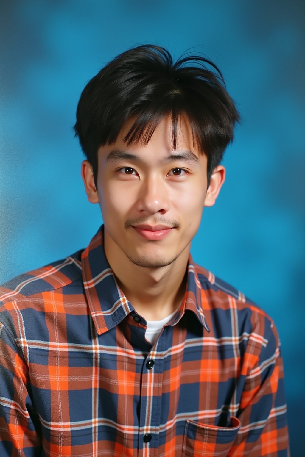 (school portrait) photo headshot of a young 18 y o man in 1990s style, nineties style, 90s, 1990s fashion, 1990s hair, school, man is sitting and posing for a (yearbook) picture, blue yearbook background, official school yearbook photo, man sitting (looking straight into camera), (school shoot), (inside), blue yearbook background