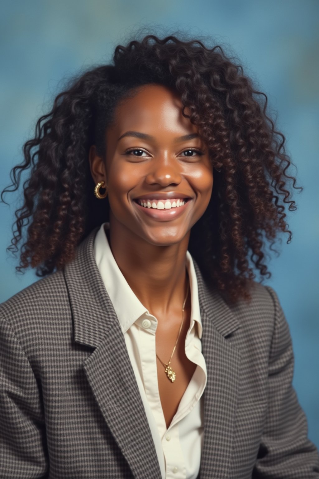 (school portrait) photo headshot of a young 18 y o woman in 1990s style, nineties style, 90s, 1990s fashion, 1990s hair, school, woman is sitting and posing for a (yearbook) picture, blue yearbook background, official school yearbook photo, woman sitting (looking straight into camera), (school shoot), (inside), blue yearbook background