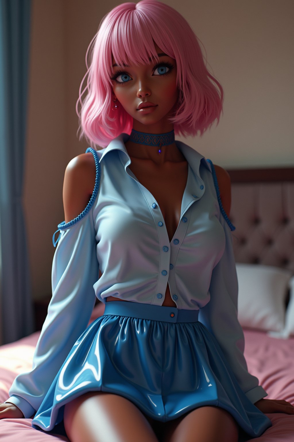 lingerie woman pvc latex masterpiece, best quality, (photorealism), reflections, lingerie, extremely detailed, extremely detailed CG unity 8k wallpaper, cinematic lighting, detailed background, lingerie, 1girl, solo, medium hair, (pink hair), shirt, skirt, detailed clothes, blue skirt, blue shirt, detached sleeves, white shirt, bangs, (blue eyes, detailed eyes), choker, ribbon earrings, detached sleeves, lookng at the viewer, from below,, wait, bedroom