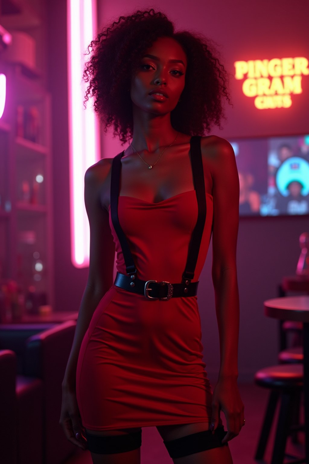 woman wearing (red bodycon dress) with (black suspenders garters)  in night club neon lights