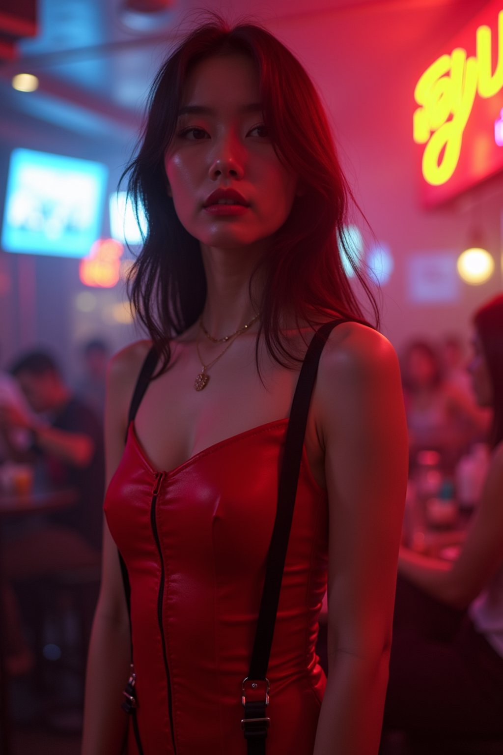 woman wearing (red bodycon dress) with (black suspenders garters)  in night club neon lights