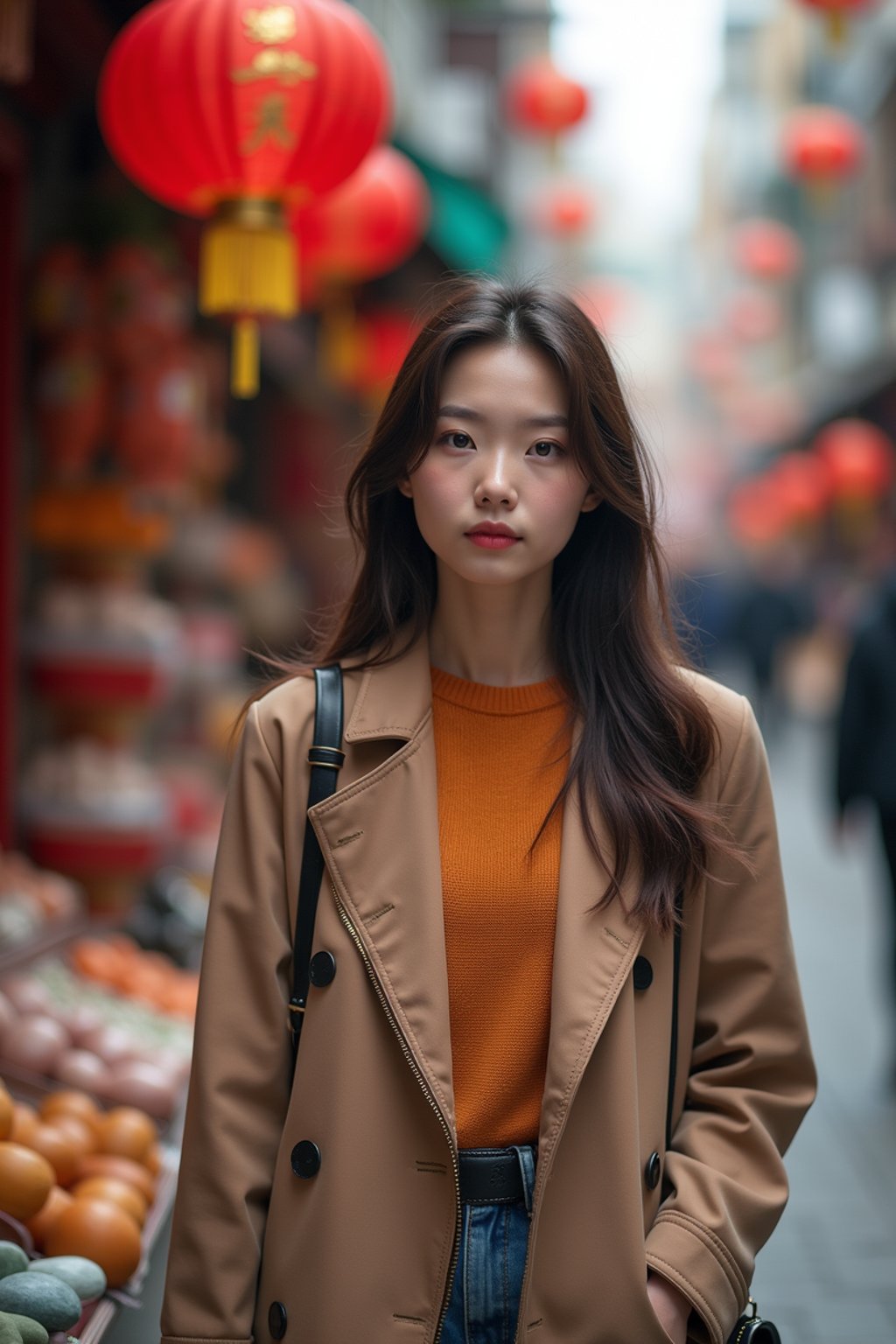 a stylish  feminine woman exploring a street market