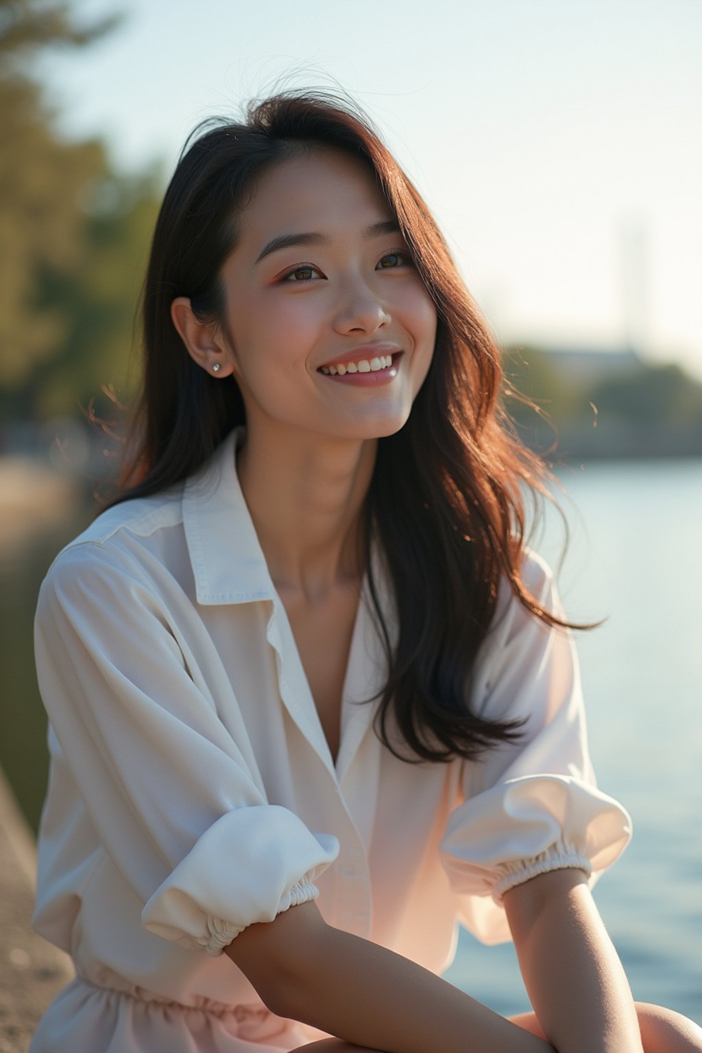 a captivating  feminine woman enjoying a peaceful moment by the waterfront