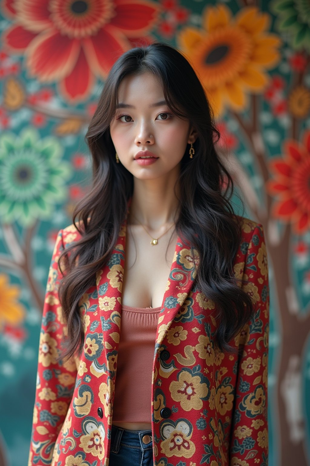 a fashionable  feminine woman posing in front of street art