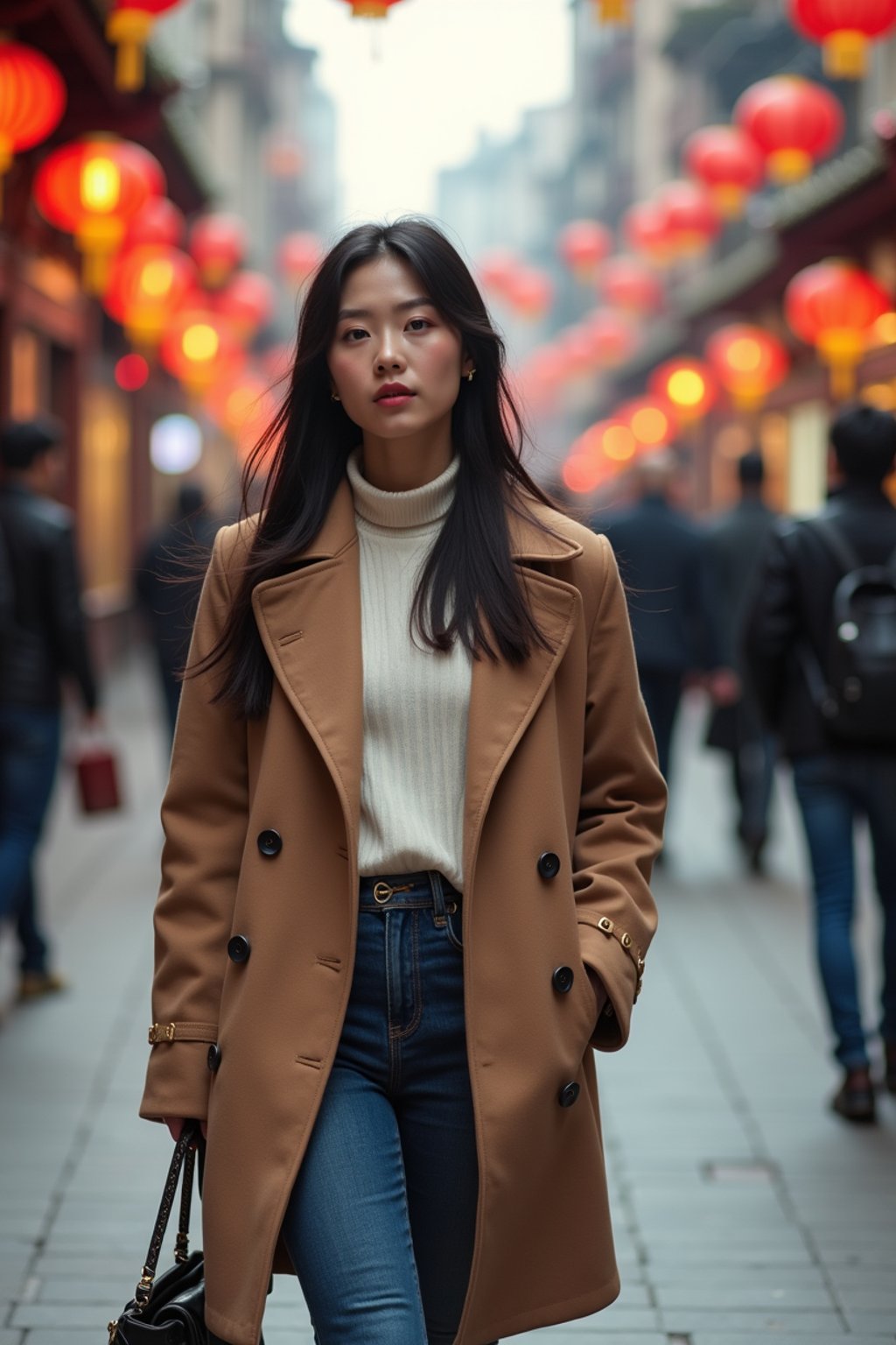 a confident  feminine woman exploring a bustling city street