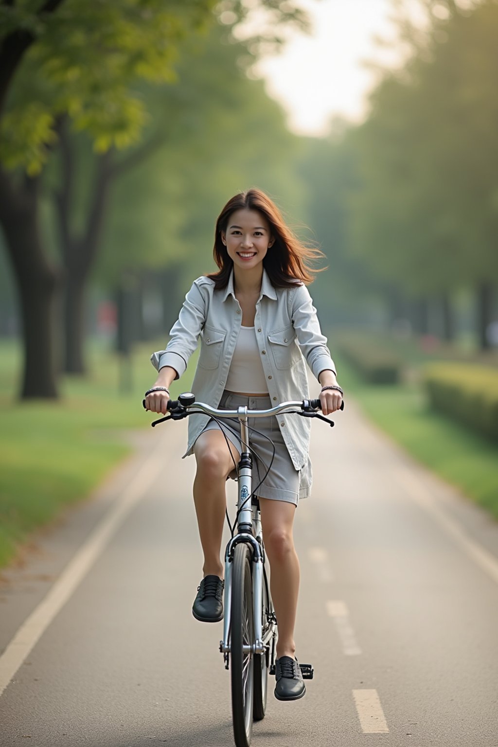 a stylish  feminine woman enjoying a leisurely bike ride along a scenic path