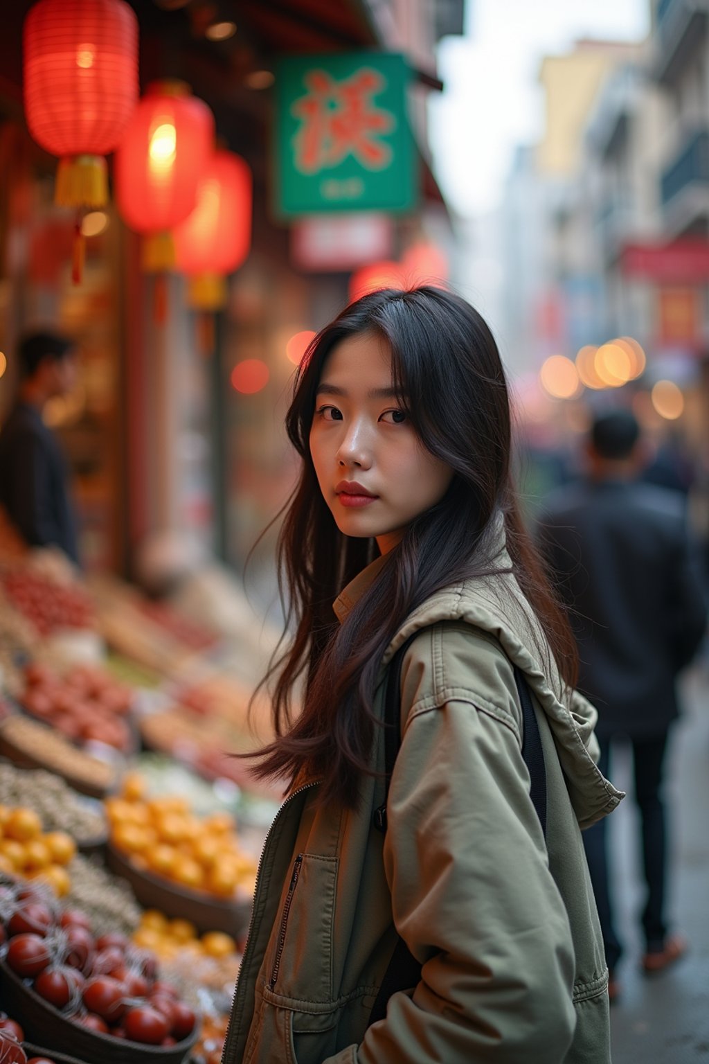 a charismatic  feminine woman exploring a street market