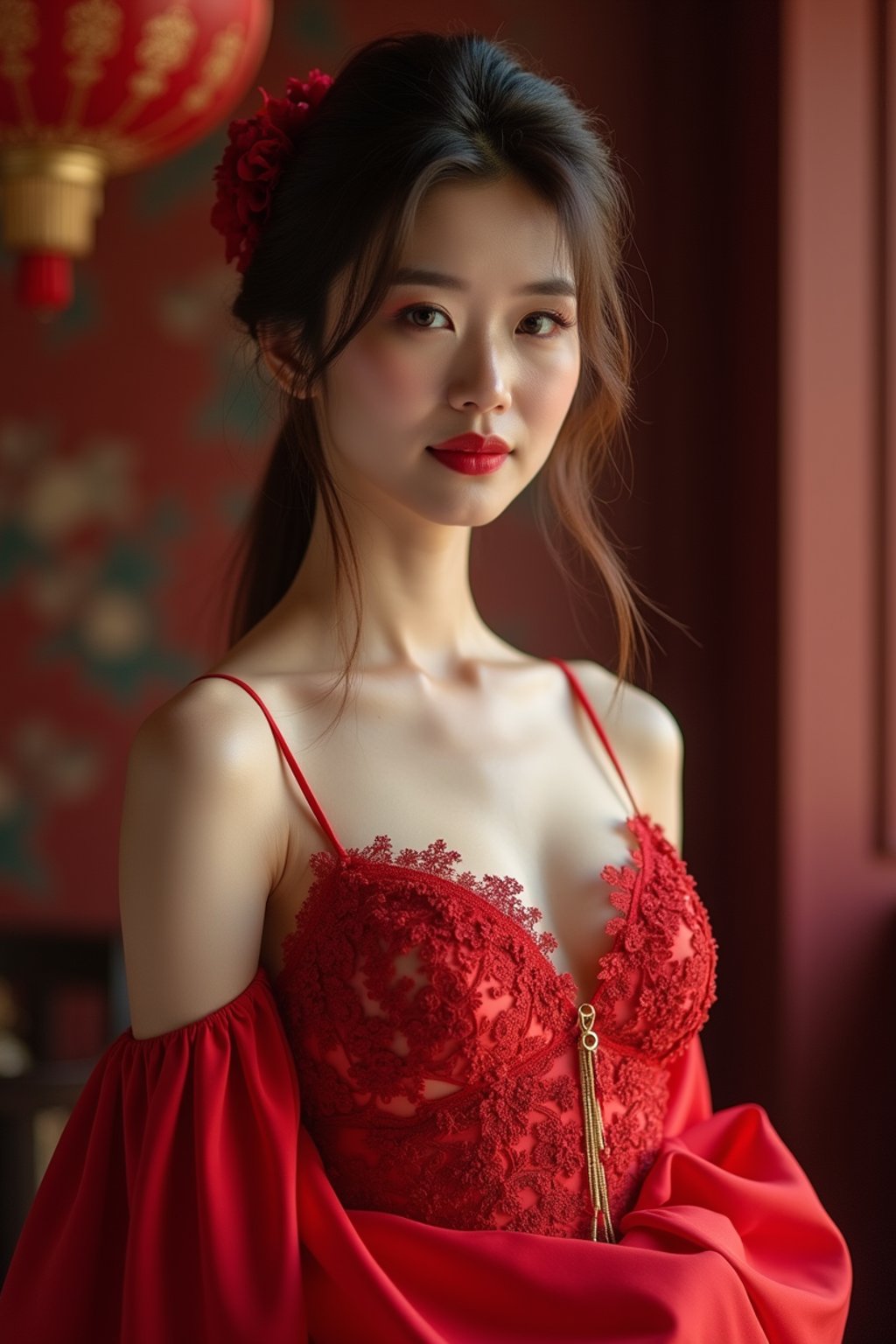 an alluring  feminine woman dressed in elegant evening wear