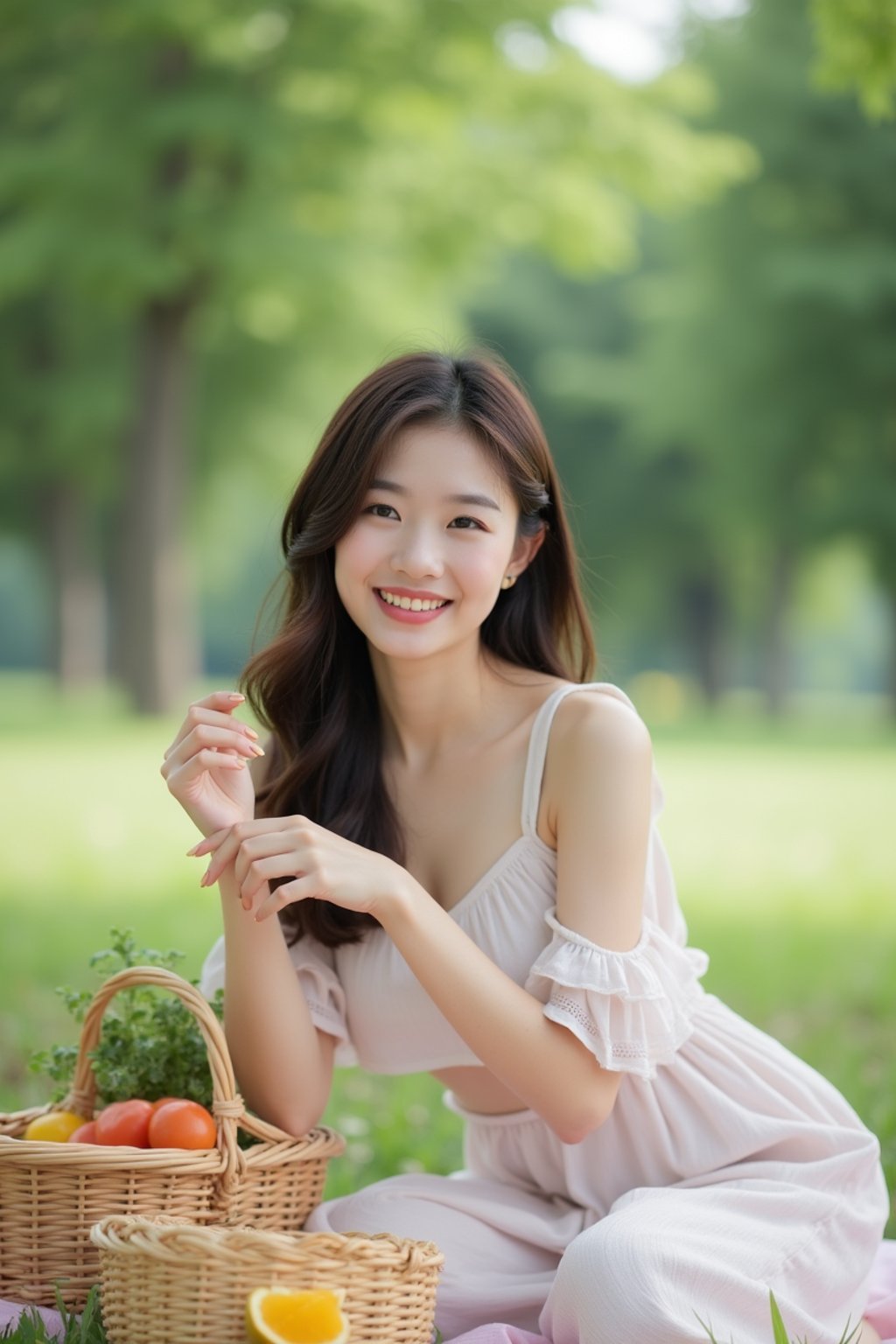 feminine woman having a fun outdoor picnic