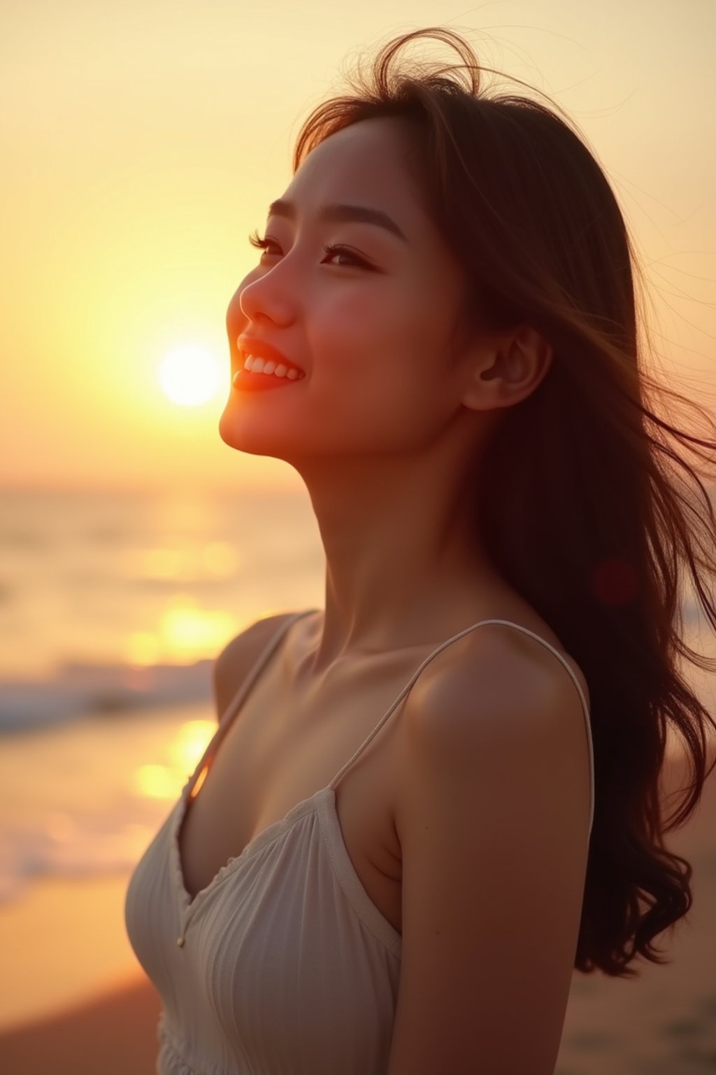 feminine woman enjoying a sunset at a beach or park