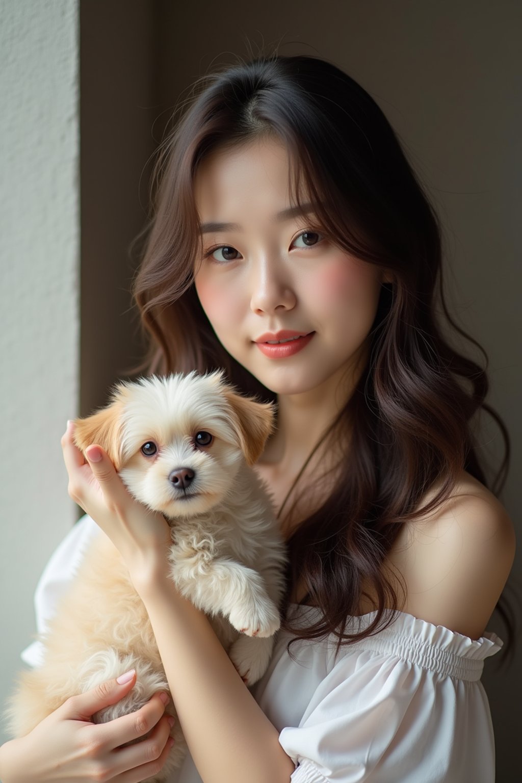 feminine woman posing with a cute pet