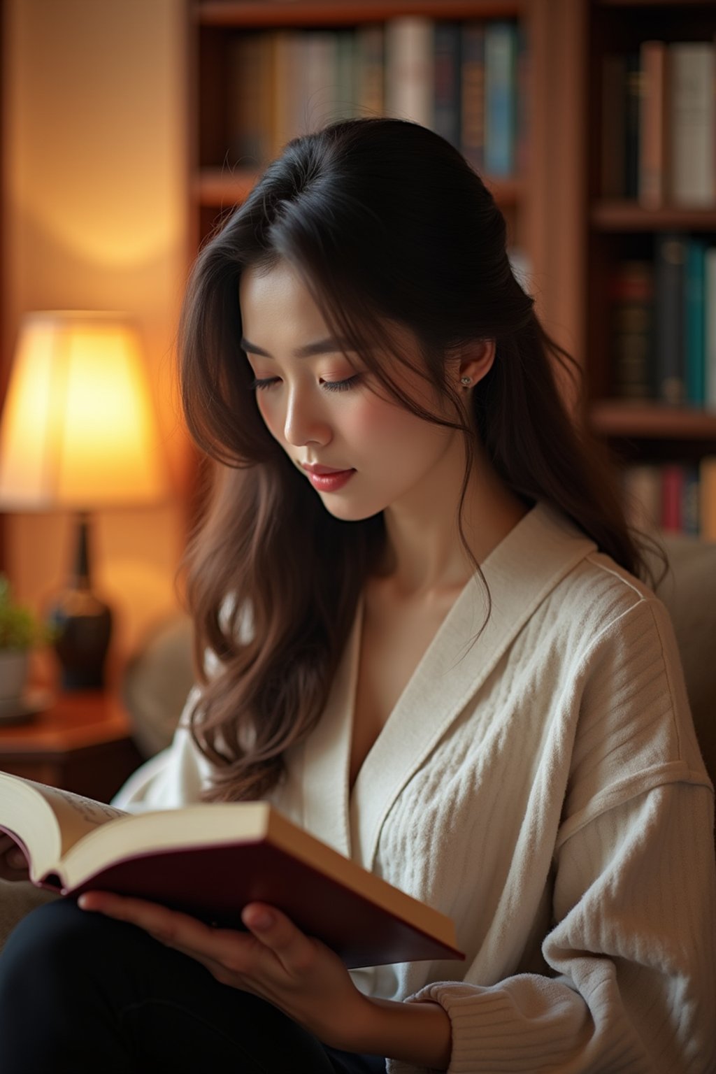 feminine woman reading a book in a cozy home environment