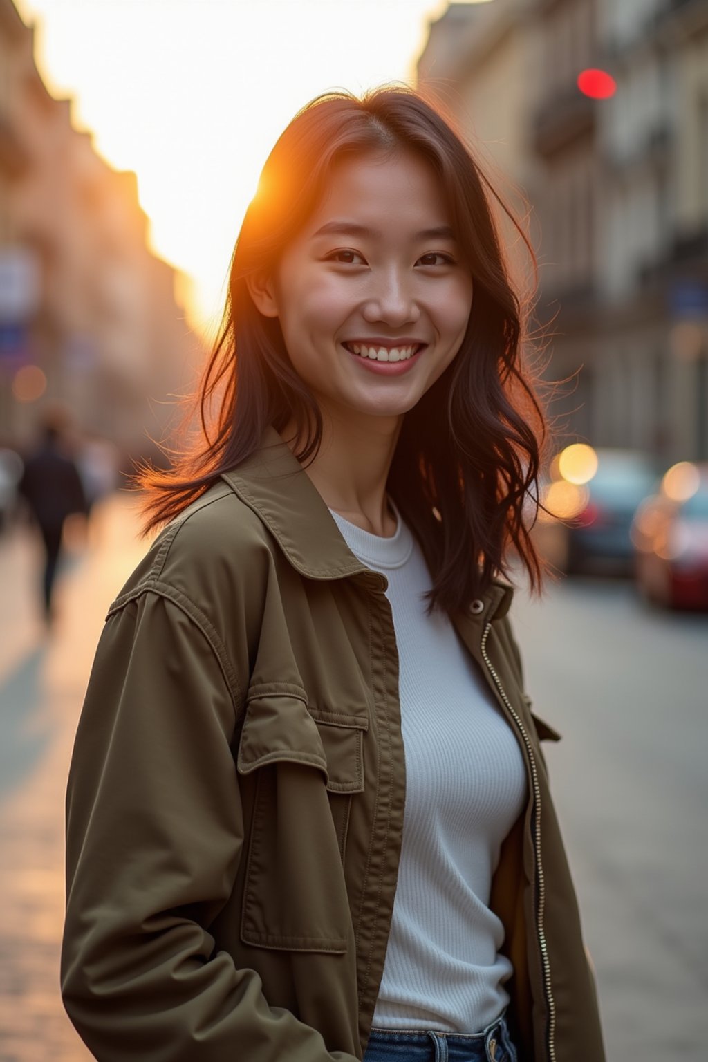 headshot of smiling woman wearing casual clothes posing for dating app headshot. outdoor blurry background. the lighting is warm, possibly from a setting sun, creating a soft glow around him, enhancing the casual and relaxed vibe of the image. the setting seems to be outdoors, likely in an urban environment, with the blurred background hinting at a street or park-like area. this image likely portrays a youthful, active, and approachable individual, possibly in a lifestyle or fashion-related context.