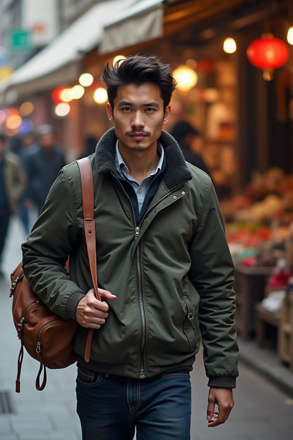 a stylish masculine  man exploring a street market