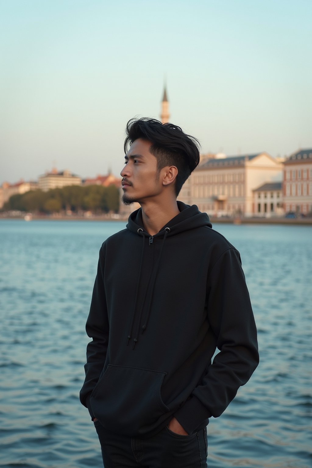 a captivating masculine  man enjoying a peaceful moment by the waterfront