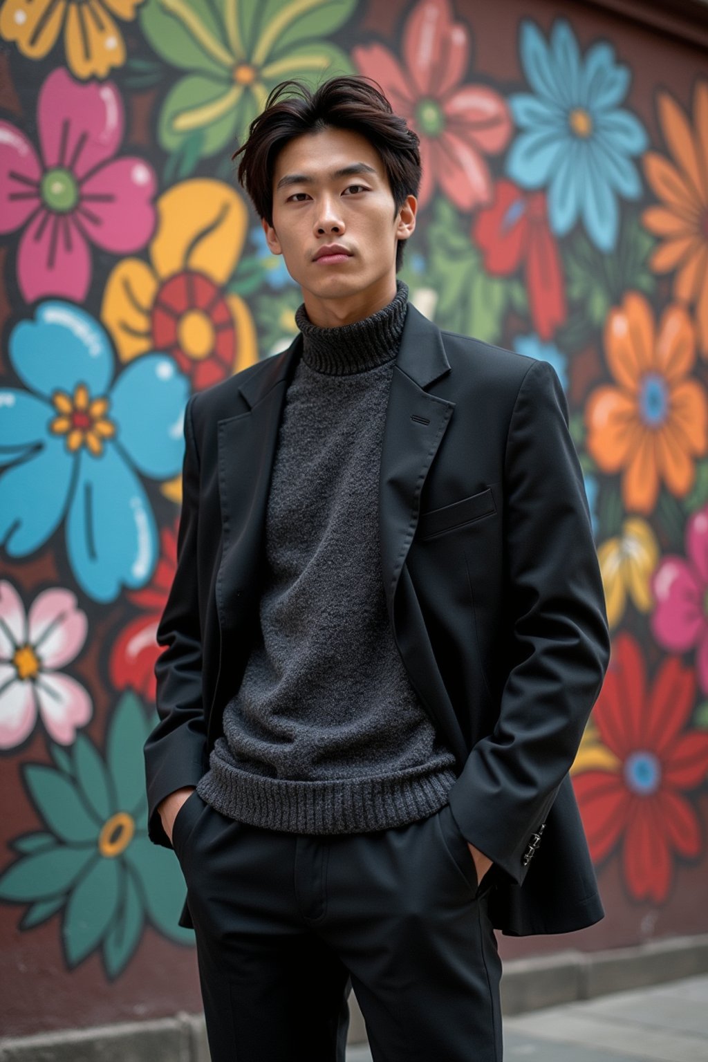 a fashionable masculine  man posing in front of street art