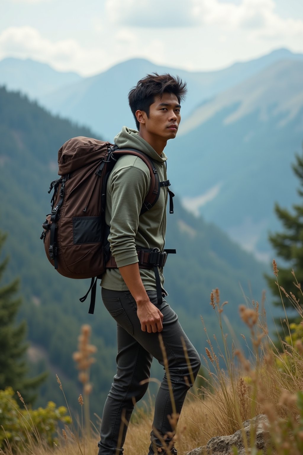 an adventurous masculine  man hiking in the mountains