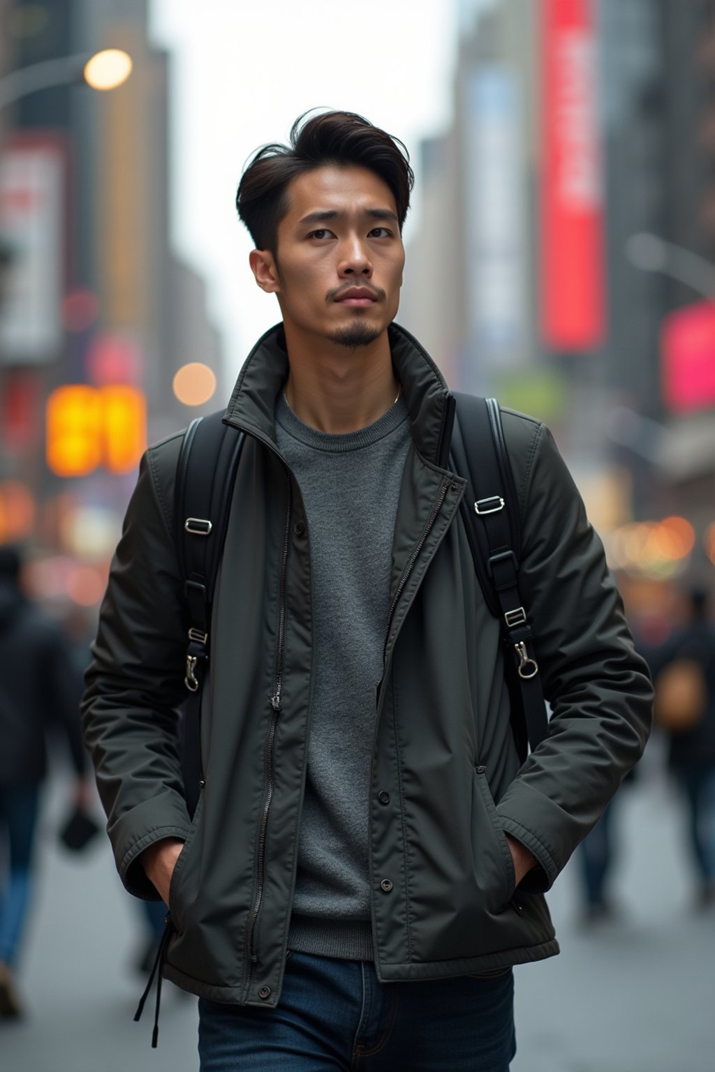 a confident masculine  man exploring a bustling city street