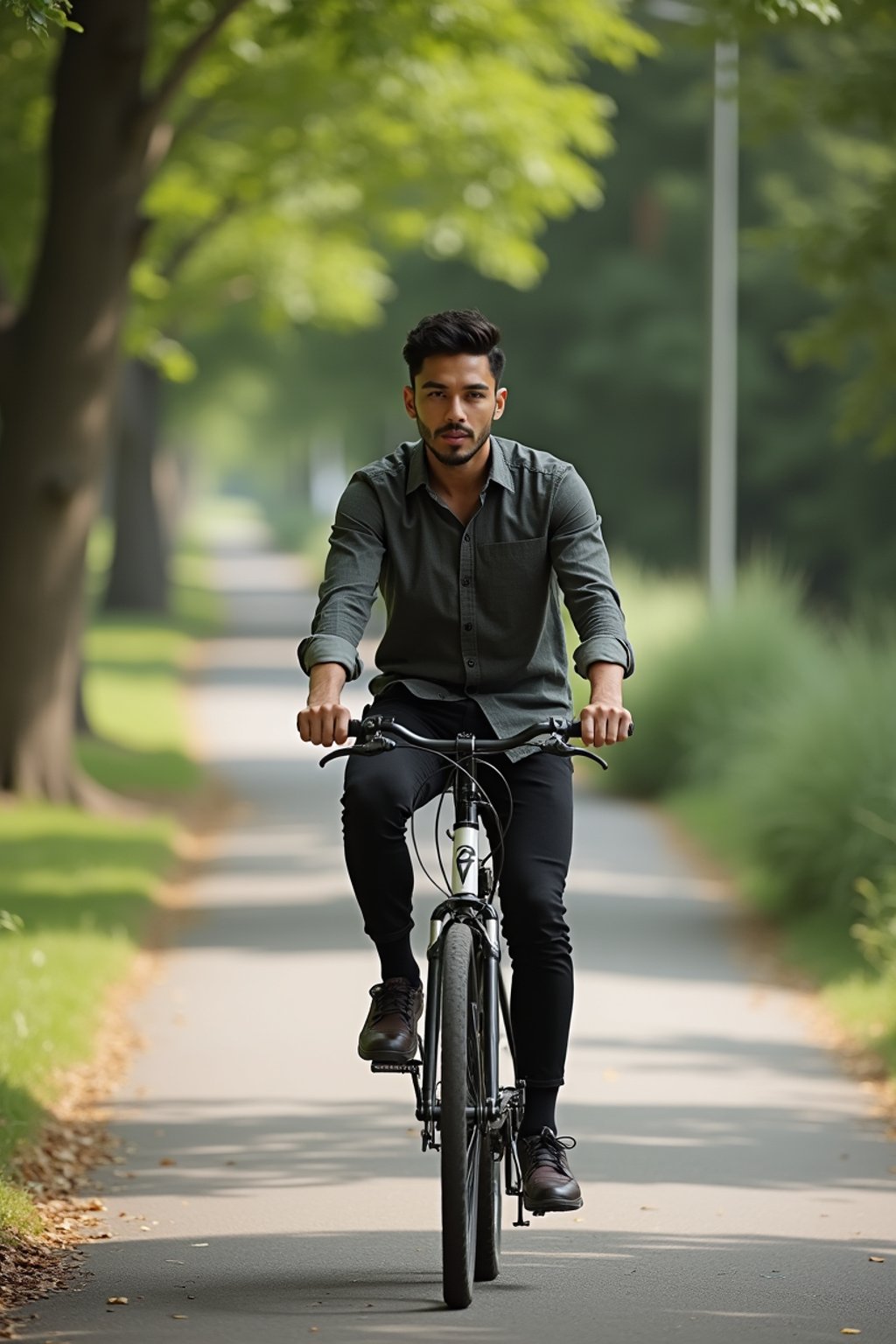 a stylish masculine  man enjoying a leisurely bike ride along a scenic path